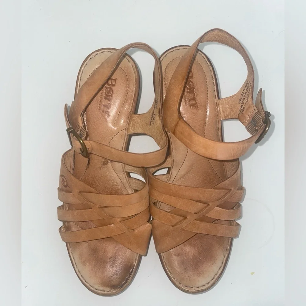 Born Tan Leather Wedge Sandals with Wood-Effect Heel